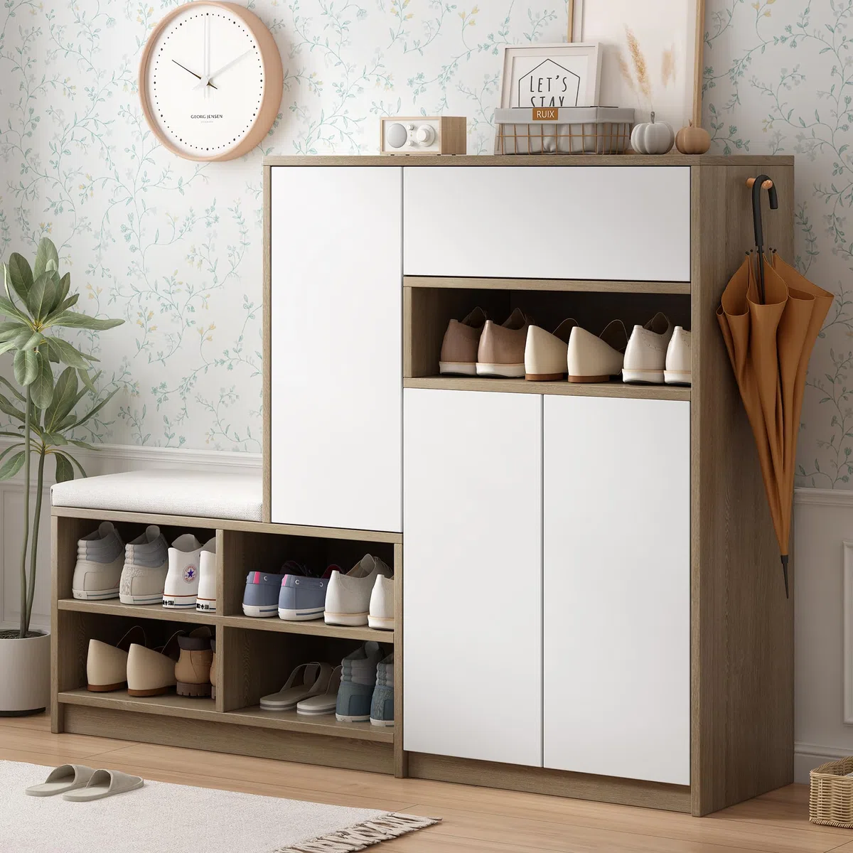Zapatero multifuncional con asiento acolchado, solución versátil para almacenamiento de zapatos con estantes ajustables para pasillo, color blanco