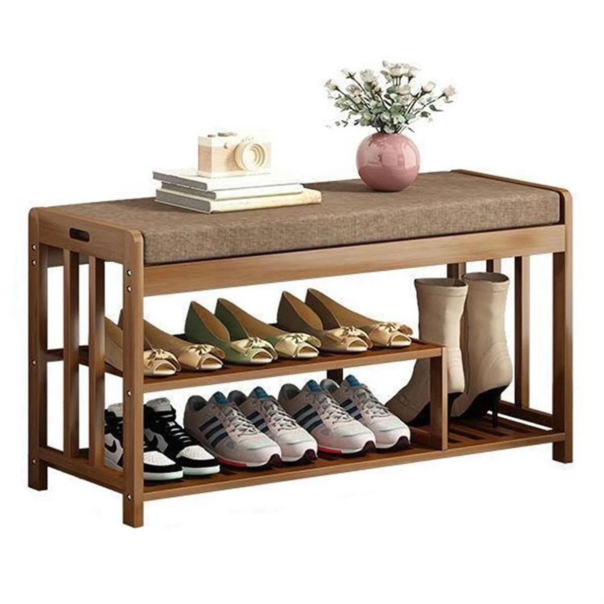 Zapateros Banco de Zapatos, Estante Organizador marrón con Espacio Almacenamiento Abierto y Asiento Acolchado Lino, for Entrada, Pasillo, Sala Estar Dormitorio