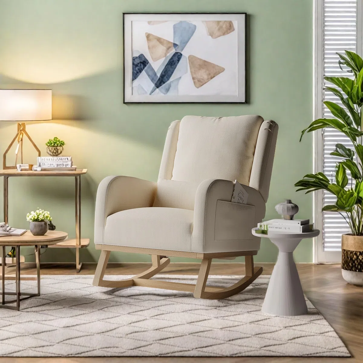 Mecedora para lactancia, silla mecedora, silla de lactancia acolchada con patas de madera, cojín lumbar y 2 bolsillos laterales, sillón de relax para salón, dormitorio, balcón (beige)