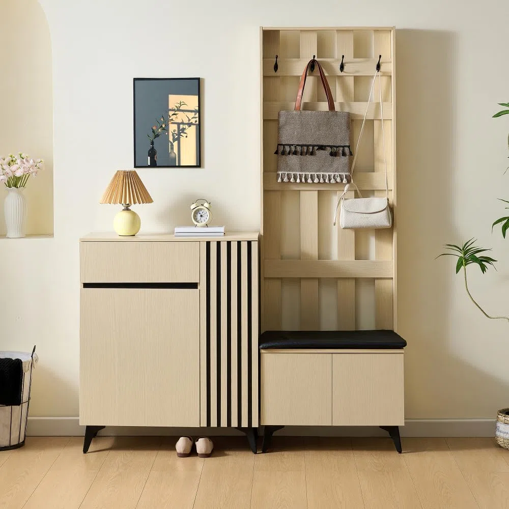 Moderno juego de combinación de perchero con banco y aparador y zapatero – solución de almacenamiento elegante para pasillo, salón y dormitorio