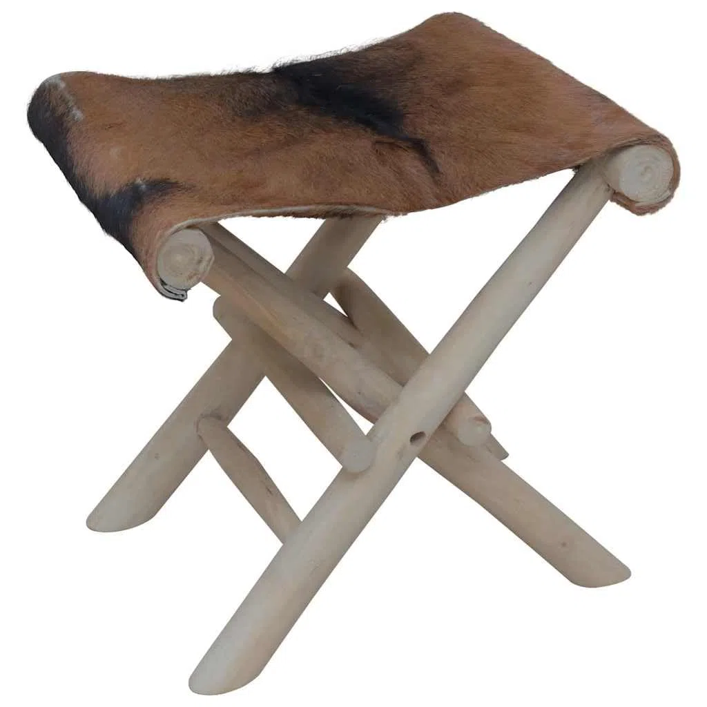 Taburete plegable de piel de cabra auténtica, silla de madera de